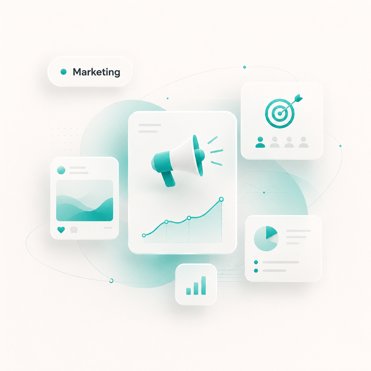 Marketing campaign visual with megaphone and analytics cards