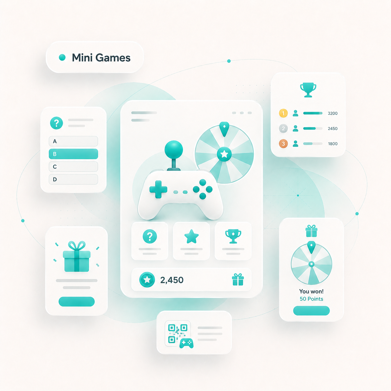 Mini games engagement visual with quiz, rewards, spin wheel, leaderboard, and controller