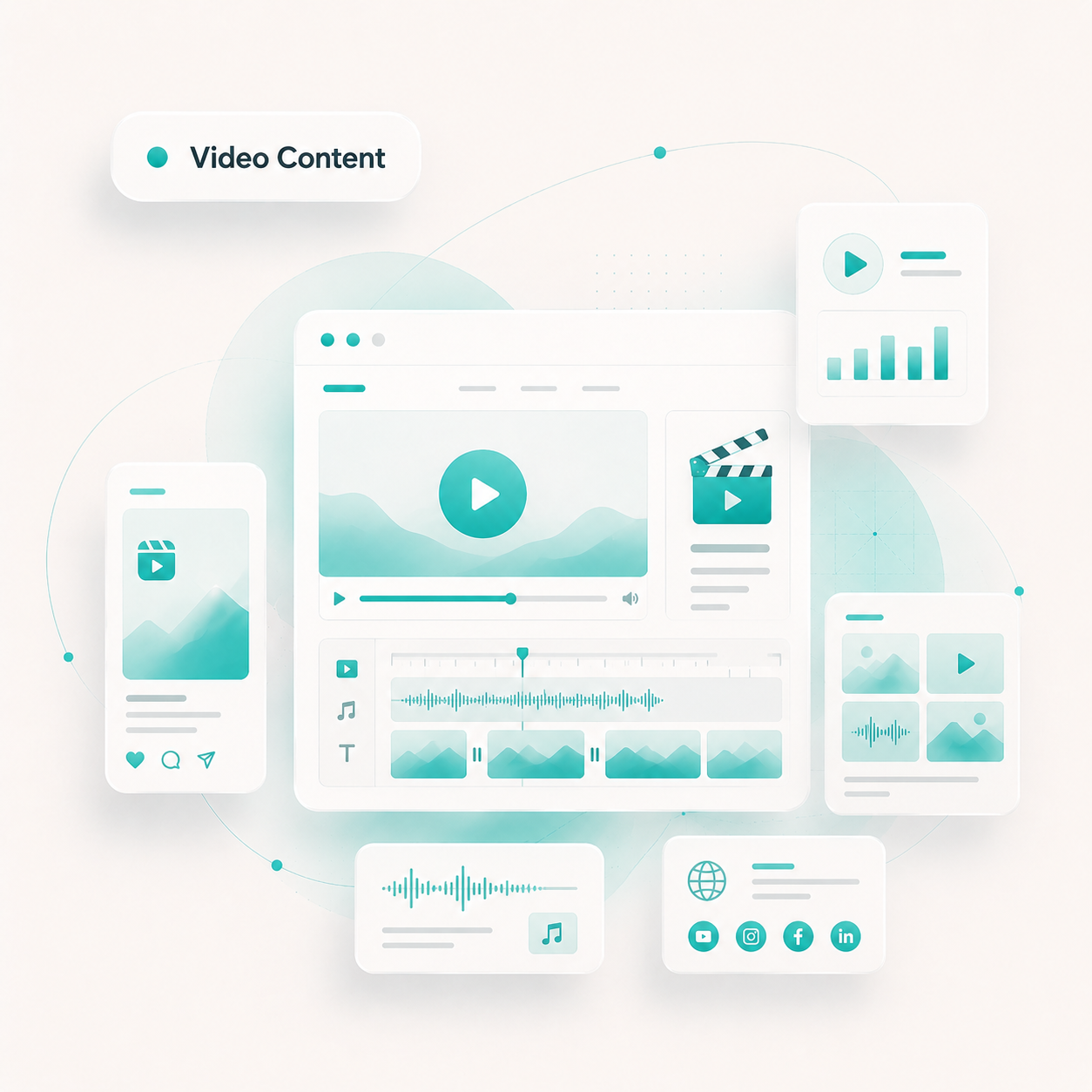 Video content visual with video player, timeline, waveform, and content thumbnails